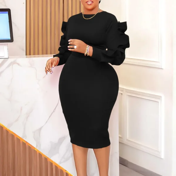 Ohsisa 2025 Women's Clothing Ladies O-neck Elegant Solid Ruffle Hip Wrapping Professional OL Office Commuter African Women Dress - 图片 3