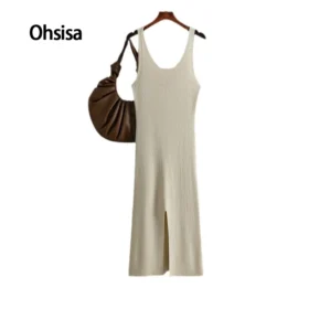 2025 Summer Woman Dress Sexy Knitted Sling Dress Solid Color Long Maxi Skirt Party Style Plus Size Hip Cover Woman Dress