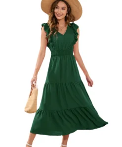 2025 Women Long Dress V-Neck Sleeveless High-Waisted Solid Color Cake Dress Casual Vacation Travel Summer Casual Dress