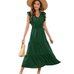 2025 Women Long Dress V-Neck Sleeveless High-Waisted Solid Color Cake Dress Casual Vacation Travel Summer Casual Dress