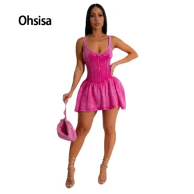 Ohsisa 2025 Fashion Hot Girl Print Casual Vintage Strap Splicing Puff Skirt Summer Chiffon Digital Printed for Woman Dress
