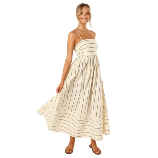 Ohsisa 2025 Women Dress Striped Sleeveless Backless Flared Chiffon Casual Summer Natural Front Placement Square Collar Dress - 图片 5