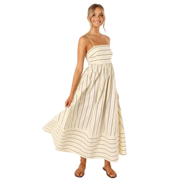 Ohsisa 2025 Women Dress Striped Sleeveless Backless Flared Chiffon Casual Summer Natural Front Placement Square Collar Dress - 图片 5