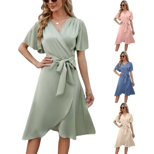 Ohsisa 2025 Summer for Woman Dress Satin V Neck Waist Bell Sleeves Plaid Dress European American Casual Style New Woman Dress - 图片 6
