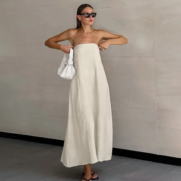 Ohsisa 2025 New Women Cotton Linen Dress Simple Lady Elegant Sleeveless Maxi Dresses Solid Color Casual Strapless Long Dress - 图片 4