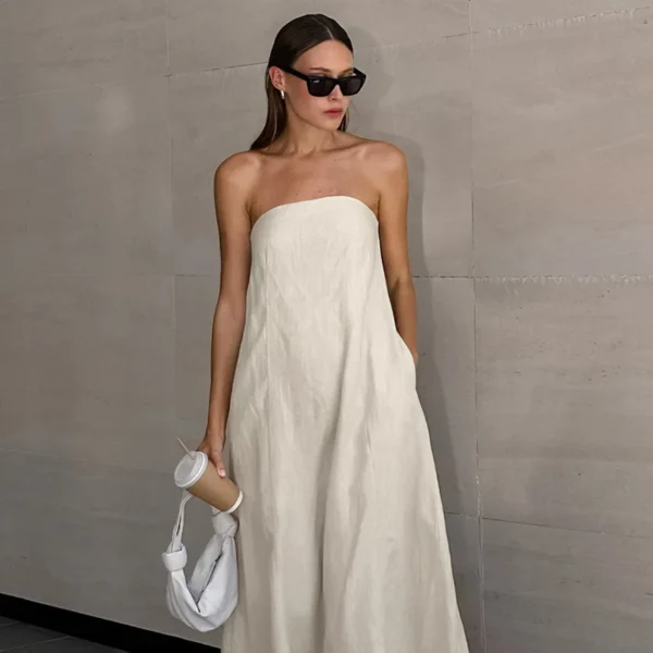Ohsisa 2025 New Women Cotton Linen Dress Simple Lady Elegant Sleeveless Maxi Dresses Solid Color Casual Strapless Long Dress - 图片 5
