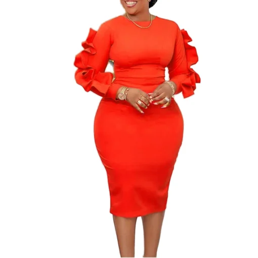 Ohsisa 2025 Women's Clothing Ladies O-neck Elegant Solid Ruffle Hip Wrapping Professional OL Office Commuter African Women Dress