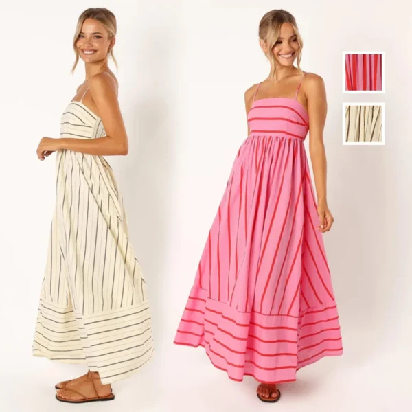 Ohsisa 2025 Women Dress Striped Sleeveless Backless Flared Chiffon Casual Summer Natural Front Placement Square Collar Dress