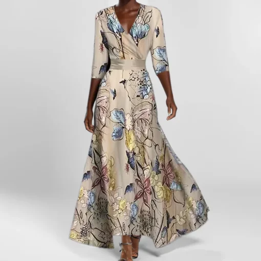 Ohsisa 2025 Summer Women's New Fashionable and Elegant V-neck Half Sleeve Printed Casual Long Dress - 图片 4