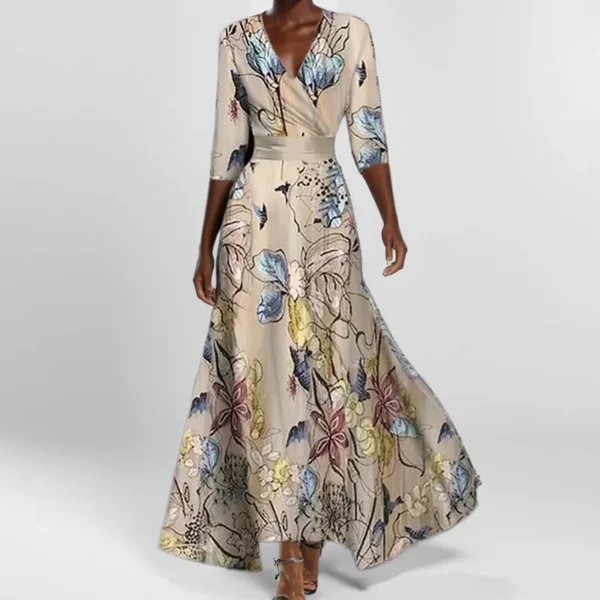 Ohsisa 2025 Summer Women's New Fashionable and Elegant V-neck Half Sleeve Printed Casual Long Dress - 图片 4