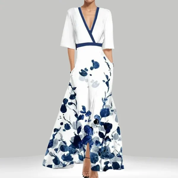 Ohsisa 2025 Summer Women's New Fashionable and Elegant V-neck Half Sleeve Printed Casual Long Dress - 图片 2