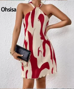Ohsisa Summer Holiday Women's Full Printed Pleated Stretchy Sleeveless Curve Midi Casual Dresses