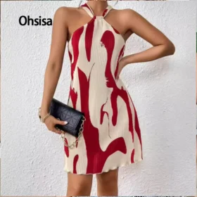 Ohsisa Summer Holiday Women's Full Printed Pleated Stretchy Sleeveless Curve Midi Casual Dresses