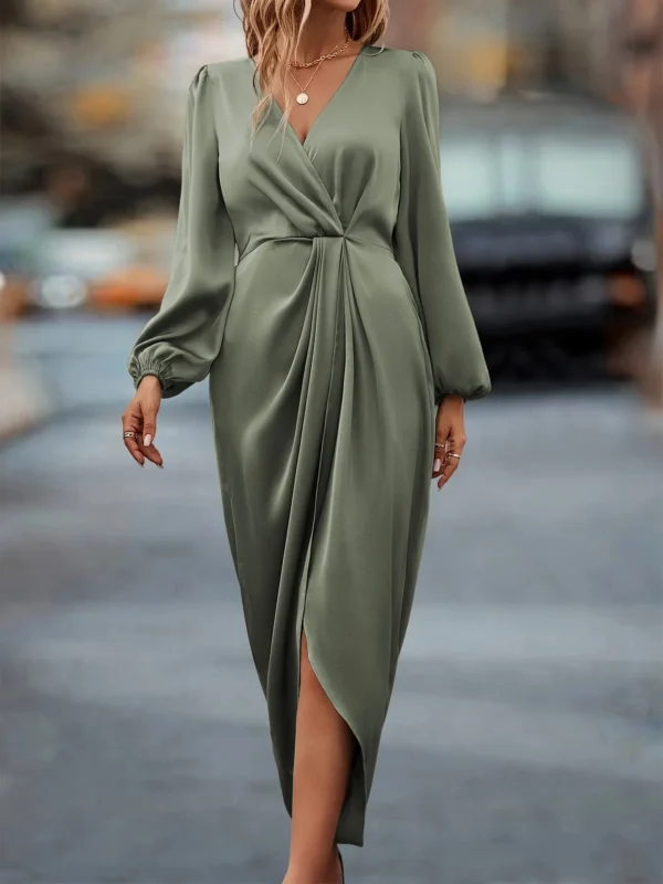 Ohsisa 2025 Women's Summer New Elegant Satin Cross V-Neck Split Long Bubble Sleeve Loose Casual Dress - 图片 2