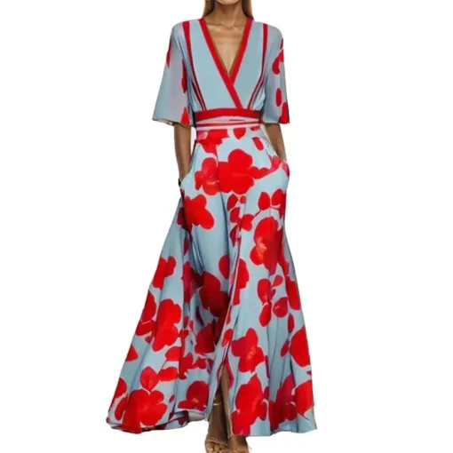 Ohsisa 2025 Summer Women's New Fashionable and Elegant V-neck Half Sleeve Printed Casual Long Dress