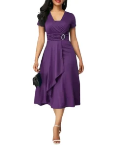 Casual Long Skirt New Size Women's Elegant Solid Color Short-sleeved Office Wear with Belt African Dress