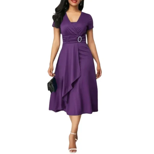 Casual Long Skirt New Size Women's Elegant Solid Color Short-sleeved Office Wear with Belt African Dress
