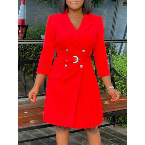 2025 Women V-neck Pleated Dresses New Fashion Spring Summer Lady Elegant Solid Color Africa Three Quarter Sleeve Office Dress - 图片 4