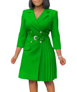 2025 Women V-neck Pleated Dresses New Fashion Spring Summer Lady Elegant Solid Color Africa Three Quarter Sleeve Office Dress
