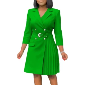 2025 Women V-neck Pleated Dresses New Fashion Spring Summer Lady Elegant Solid Color Africa Three Quarter Sleeve Office Dress