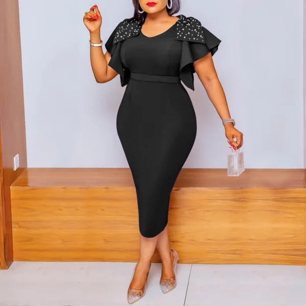 Ohsisa 2025 Women's Summer New Fashion Office O-Neck Nail Bead Ruffle Edge Sleeves Long Plus Size Evening Dress - 图片 4