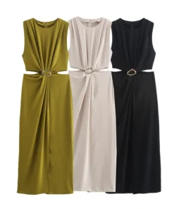 Ohsisa 2025 Spring/Summer Women's Dress New Fashionable Elegant Round Neck Sleeveless Soild Casual Dress