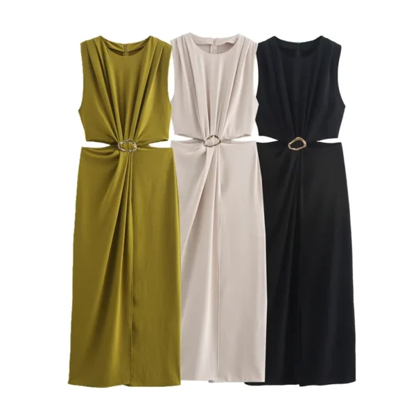 Ohsisa 2025 Spring/Summer Women's Dress New Fashionable Elegant Round Neck Sleeveless Soild Casual Dress