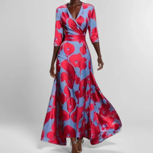 Ohsisa 2025 Summer Women's New Fashionable and Elegant V-neck Half Sleeve Printed Casual Long Dress - 图片 3