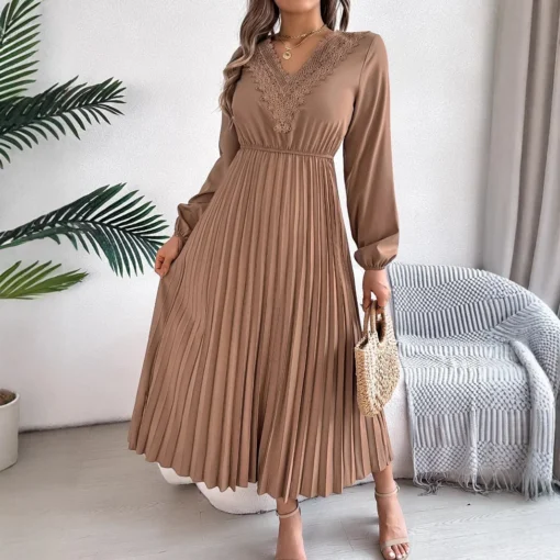 2025 Spring Summer Collection Elegant European American V-Neck Lace Waist Dress Women's Casual Chiffon Woman Dress - 图片 2