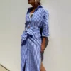 Ohsisa 2025 Spring European and American Women's New Half Sleeve Striped Cardigan Lapel Shirt Long Women's Dress