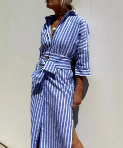 Ohsisa 2025 Spring European and American Women's New Half Sleeve Striped Cardigan Lapel Shirt Long Women's Dress