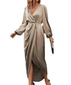 2025 Women's Elegant Cross-Neck Pleated Slit Puff Sleeves Asymmetrical Floor-Length Skirt Plain Dyed Summer New Casual Style