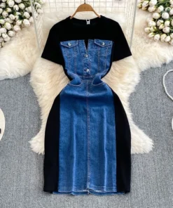 Summer Korean Style Ladylike Short Sleeve Round Neck Waist-Cinching Slimming Denim Splicing A-Line Women's Casual T-Shirt Dress