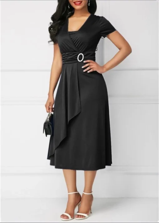 Casual Long Skirt New Size Women's Elegant Solid Color Short-sleeved Office Wear with Belt African Dress - 图片 5