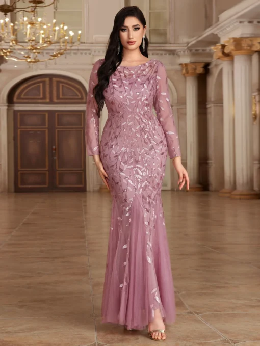 Ohsisa 2025 Summer New Evening Dress Long Sleeve Round Neck Zipper Back Fish Tail Women's Dress - 图片 5
