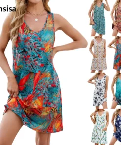Ohsisa Women Summer Dresses V-neck Sleeveless Floral Printed Loose Waist Vest Dress Woman's Beach Casual Short Dress