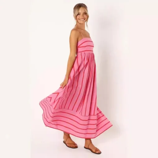 Ohsisa 2025 Women Dress Striped Sleeveless Backless Flared Chiffon Casual Summer Natural Front Placement Square Collar Dress - 图片 3