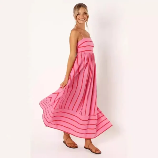 Ohsisa 2025 Women Dress Striped Sleeveless Backless Flared Chiffon Casual Summer Natural Front Placement Square Collar Dress - 图片 3