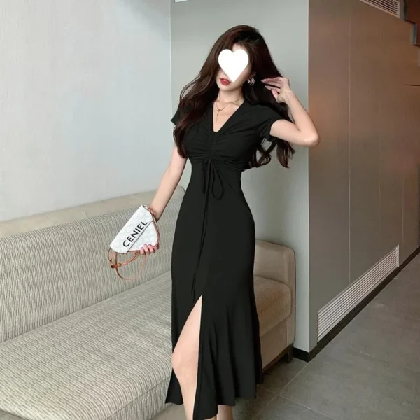 Casual Dress Summer Over-the-Knee Long Dress with Elastic Waist Slimming Split Elegant V-neck Women's Dress - 图片 2