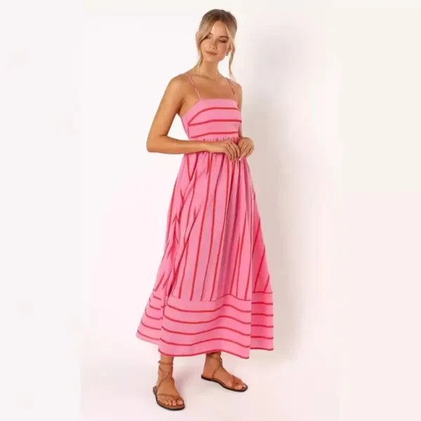 Ohsisa 2025 Women Dress Striped Sleeveless Backless Flared Chiffon Casual Summer Natural Front Placement Square Collar Dress - 图片 2