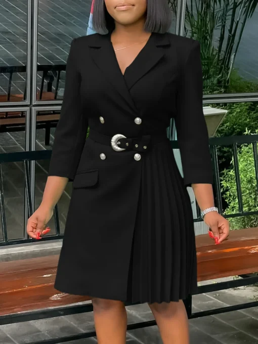 2025 Women V-neck Pleated Dresses New Fashion Spring Summer Lady Elegant Solid Color Africa Three Quarter Sleeve Office Dress - 图片 3