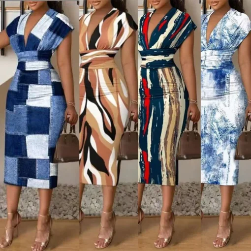 Ohsisa 2025 Summer Printed V-Neck Bodycon Dress for Women High Waist Slim Floral Casual Washable Vintage Sexy Woman Dress - 图片 6