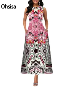 Ohsisa 2025 Fashion Summer Ladies Sleeveless Long Plus Size Women Office Positioning Print Swing Skirt Casual Dresses
