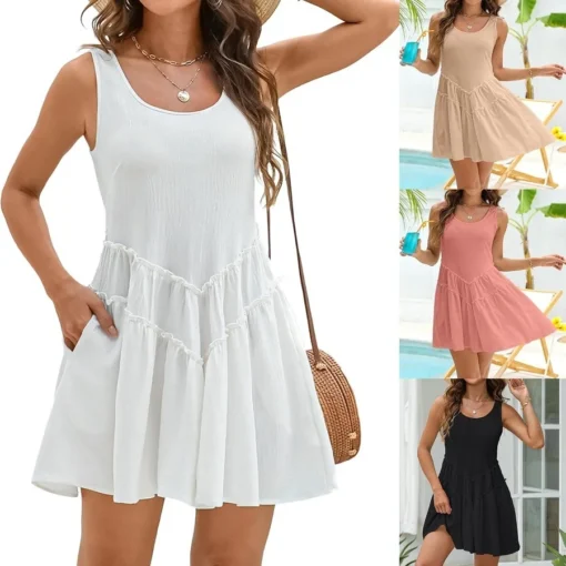 Ohsisa 2025 Beach Sunscreen Dress European American Fashion U-Neck V-Shaped Lace Solid Plain Dyed Woman Dress - 图片 6