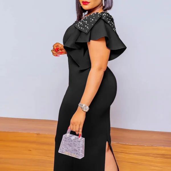 Ohsisa 2025 Women's Summer New Fashion Office O-Neck Nail Bead Ruffle Edge Sleeves Long Plus Size Evening Dress - 图片 5