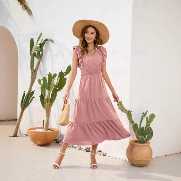2025 Women Long Dress V-Neck Sleeveless High-Waisted Solid Color Cake Dress Casual Vacation Travel Summer Casual Dress - 图片 2
