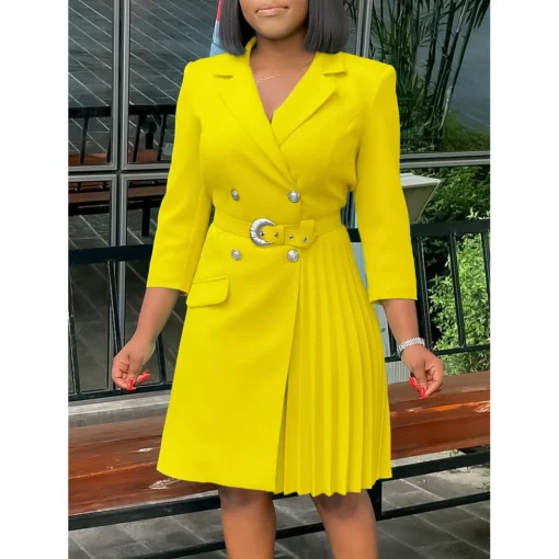 2025 Women V-neck Pleated Dresses New Fashion Spring Summer Lady Elegant Solid Color Africa Three Quarter Sleeve Office Dress - 图片 2