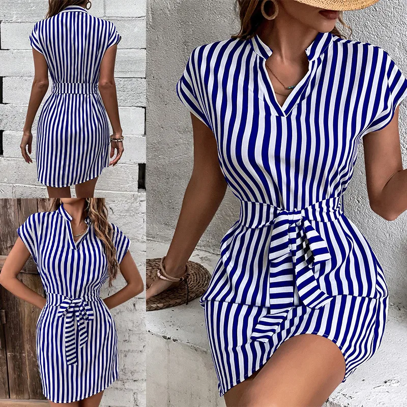 Ohsisa 2025 Summer Fashion Women Dresses Printed Stand Collar V-neck Sleeveless Striped Waist Lace up Belt Casual Dress - 图片 2