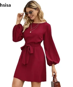 Women's Dresses 2025 Spring Summer New Lady Elegant Long Sleeve O-neck Slimming Waist Belt Fashion Solid Color Casual Dress