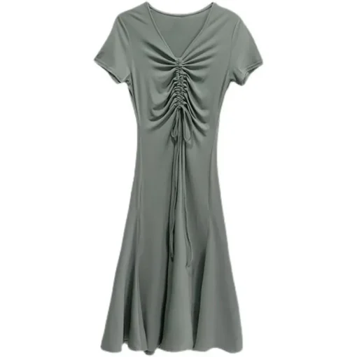 Casual Dress Summer Over-the-Knee Long Dress with Elastic Waist Slimming Split Elegant V-neck Women's Dress - 图片 4